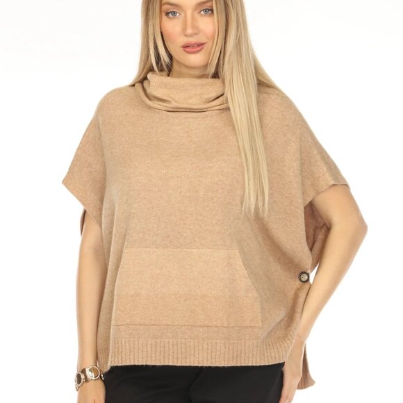 Taupe mock neck pockets cape Sweater - Picture 4 of 6